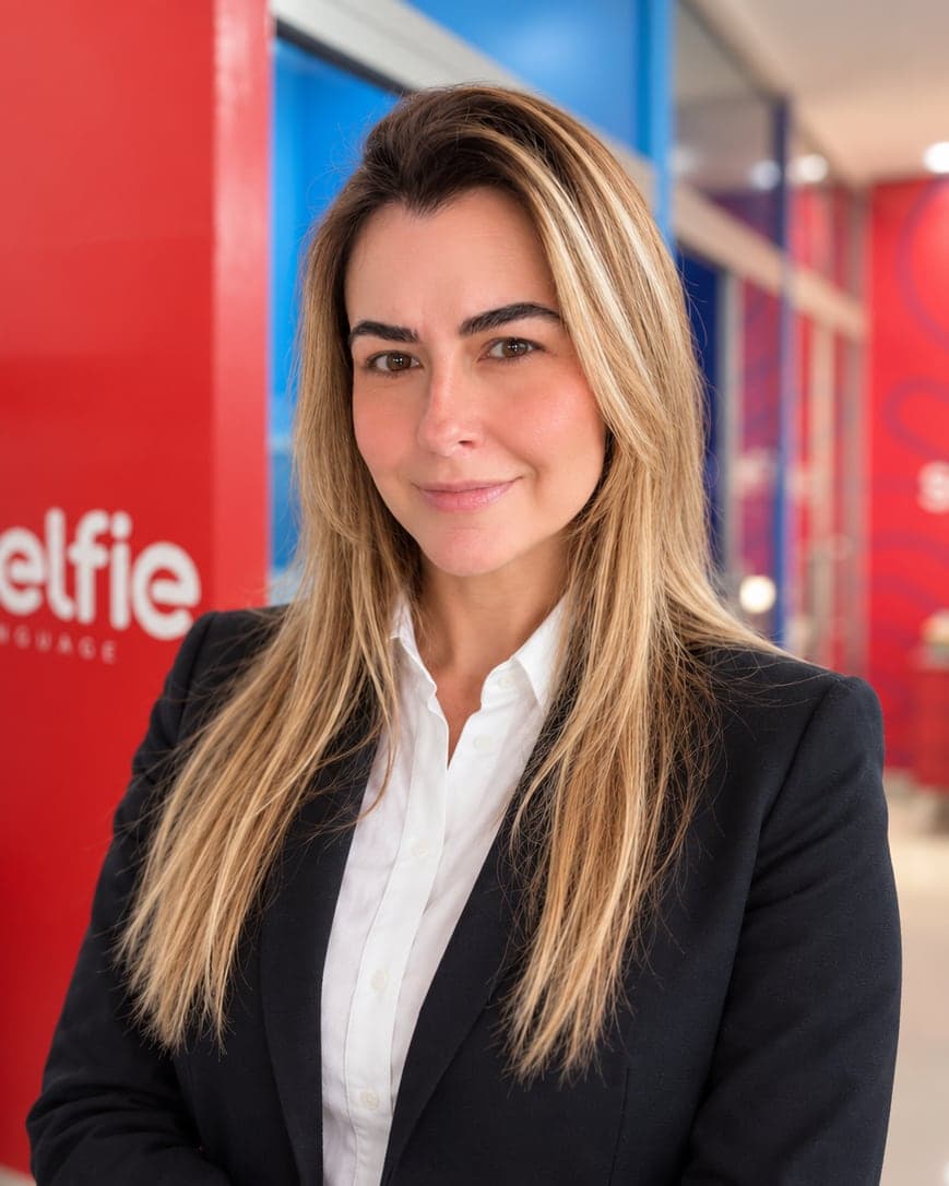 De blazer, no corredor da Selfie, com a parede da marca ao fundo.