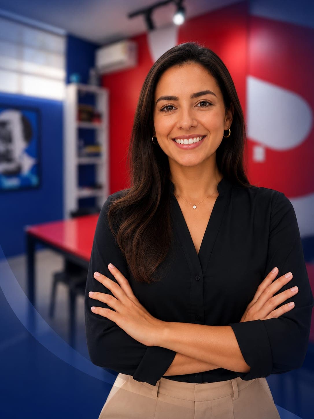 Consultora da Selfie Corporate sorrindo, de braços cruzados, numa sala da unidade com as paredes vermelha e azul da marca.