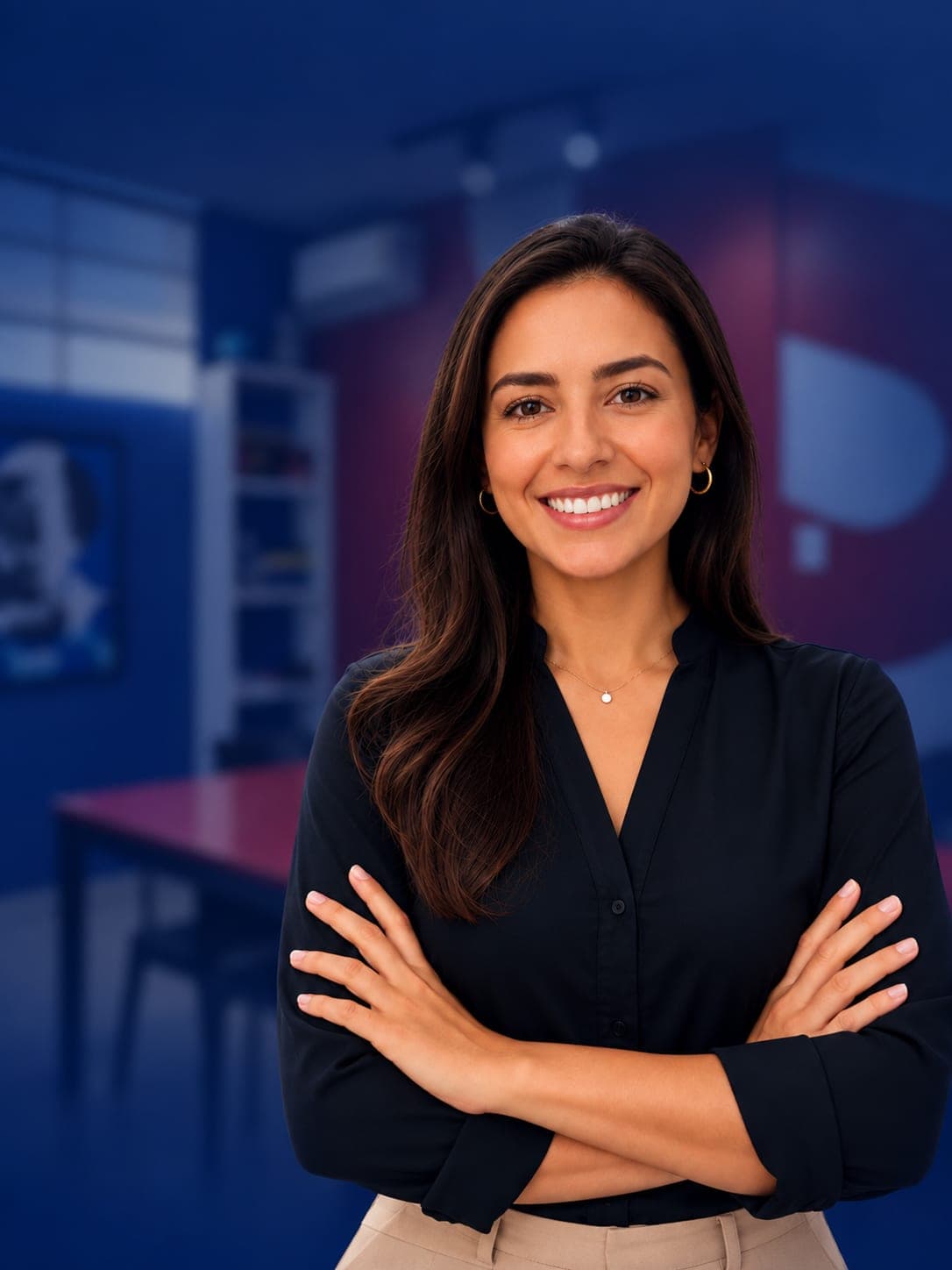 Consultora da Selfie Corporate de braços cruzados, sorrindo, no espaço de atendimento.