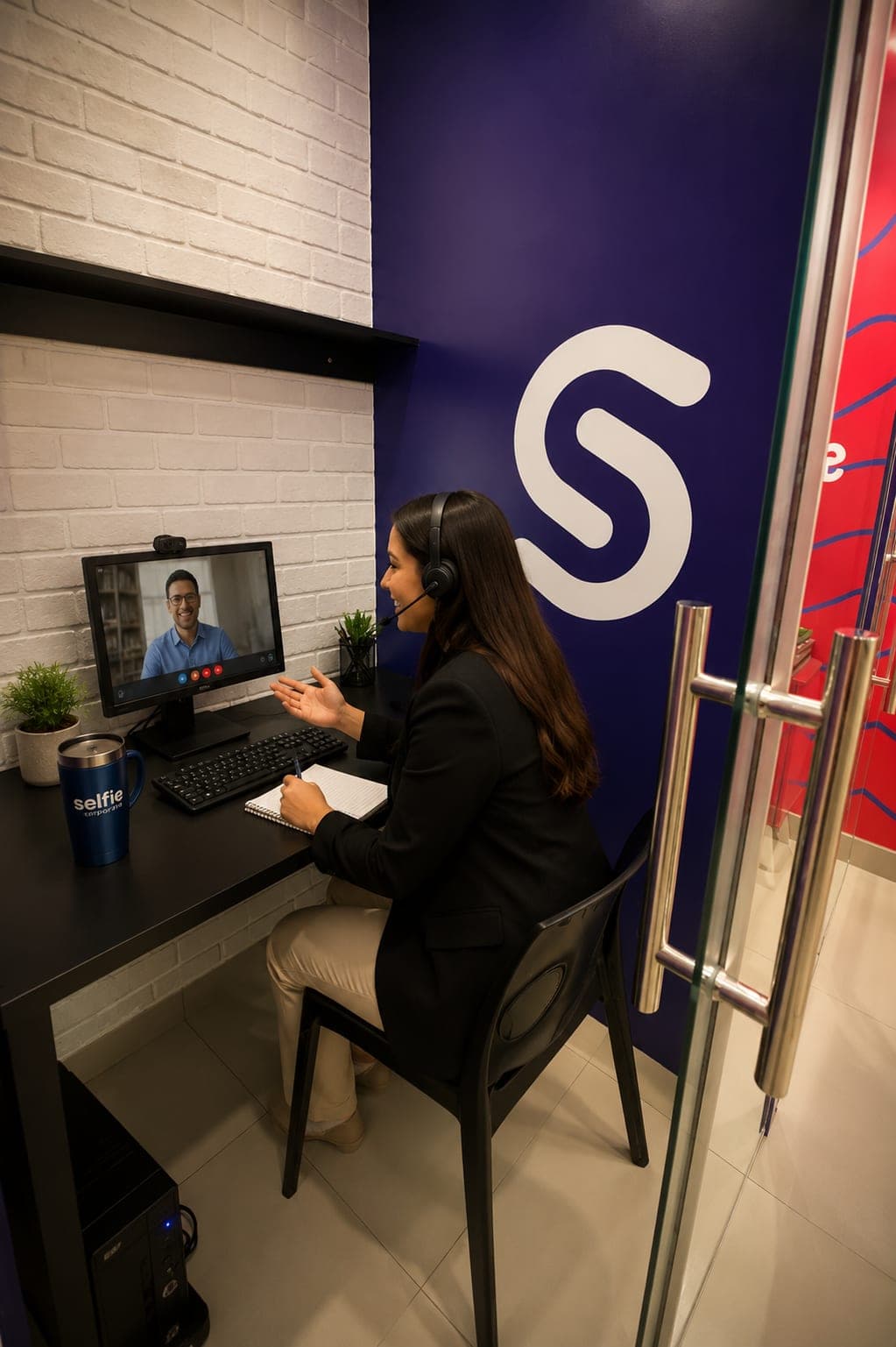 Profissional em sessão individual numa cabine da Selfie, com headset, diante da parede navy com o símbolo da marca.