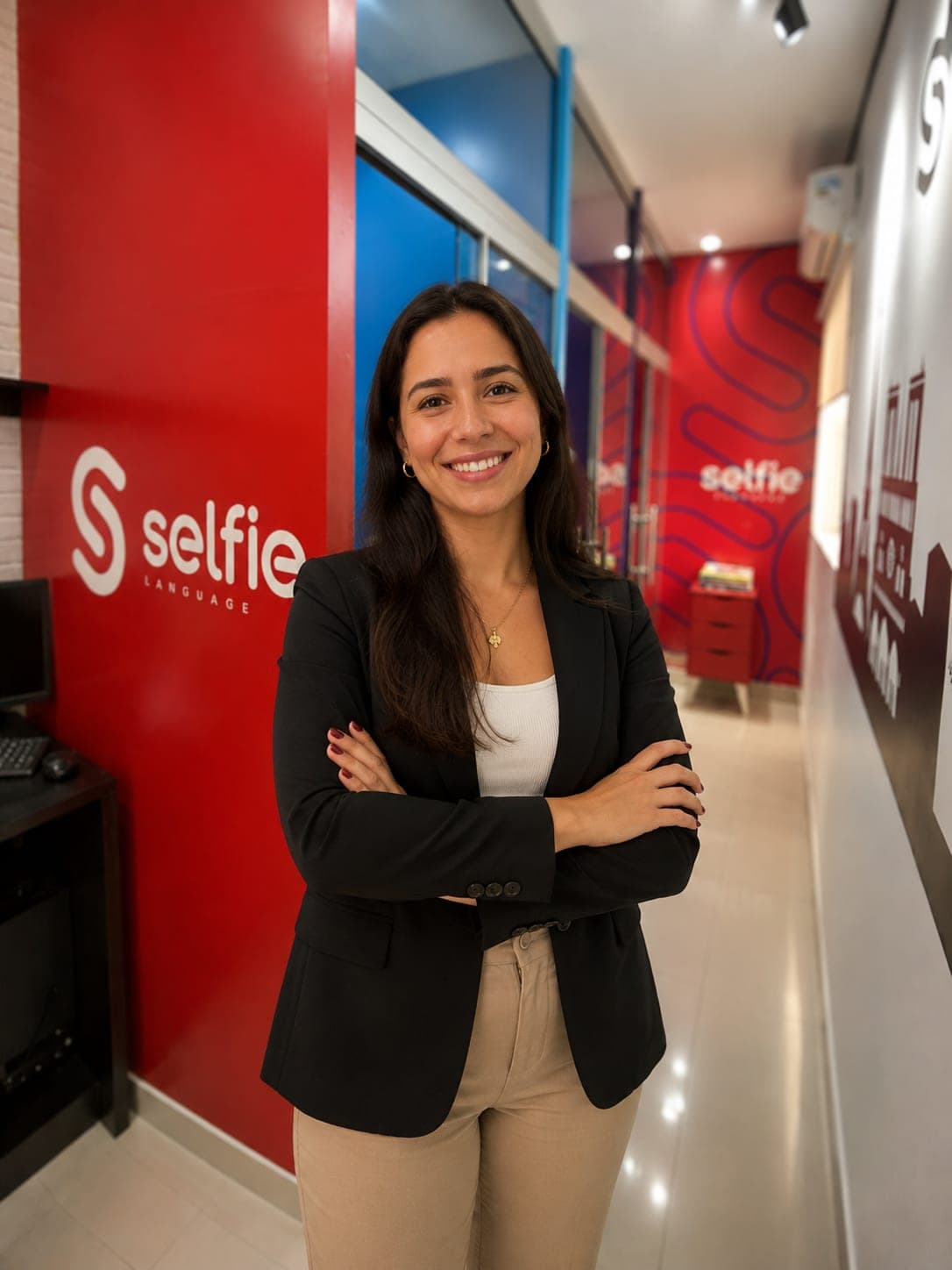 Consultora da Selfie no corredor da unidade, ao lado da parede com o logotipo da marca.